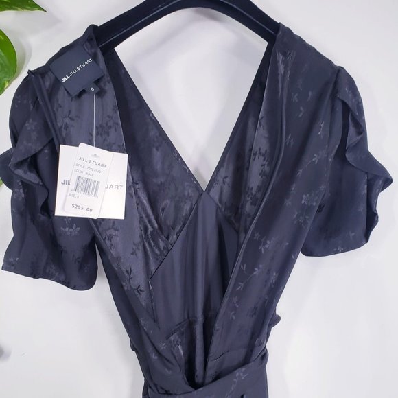 Black Wide Leg Cocktail Jumpsuit XS Satin V Neck Floral Flared Jill Stuart $295 - Picture 7 of 9